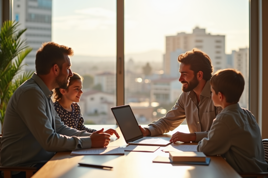 Famille espagnole rencontrant un conseiller bancaire dans un bureau lumineux