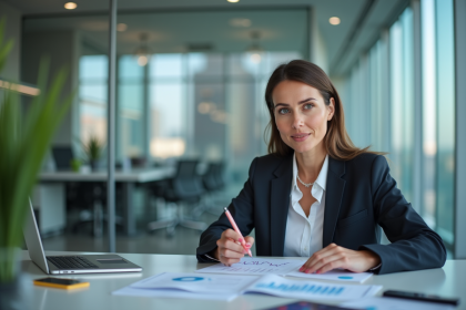 Femme d affaires analyse des documents financiers au bureau