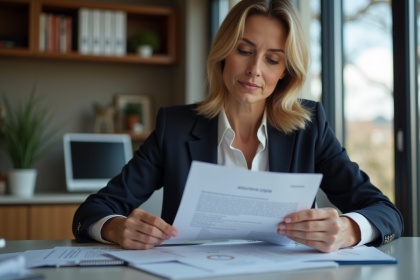 Femme d'affaires examine des documents juridiques dans un bureau moderne