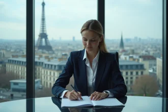 Femme d'affaires française étudie un rapport économique à Paris