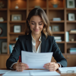 Femme en costume d'affaires examinant des documents de prêt immobilier