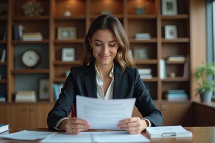 Femme en costume d'affaires examinant des documents de prêt immobilier