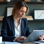 Femme confiante analysant des graphiques financiers au bureau