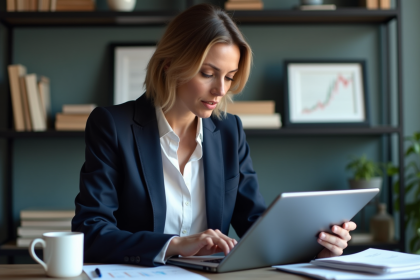Femme confiante analysant des graphiques financiers au bureau