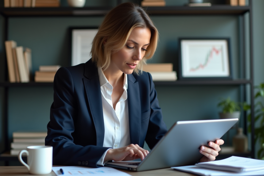 Femme confiante analysant des graphiques financiers au bureau