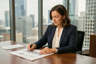 Femme professionnelle analysant des documents financiers dans un bureau moderne pour un investissement en revenu passif