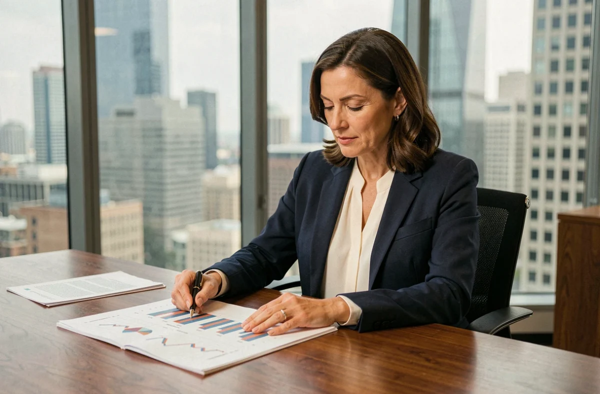 Femme professionnelle analysant des documents financiers dans un bureau moderne pour un investissement en revenu passif