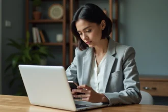 Femme utilisant l'application Banque Populaire sur smartphone devant un ordinateur portable dans un bureau à domicile