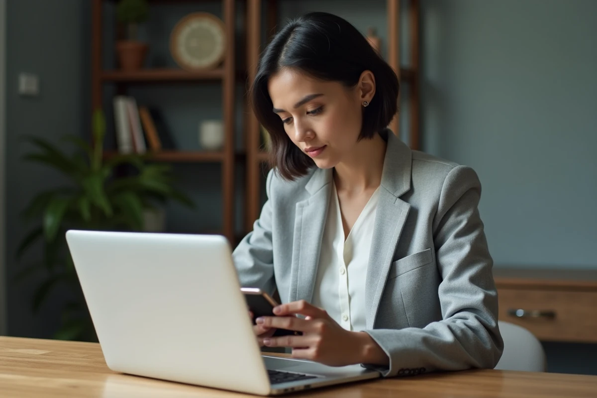 Femme utilisant l'application Banque Populaire sur smartphone devant un ordinateur portable dans un bureau à domicile