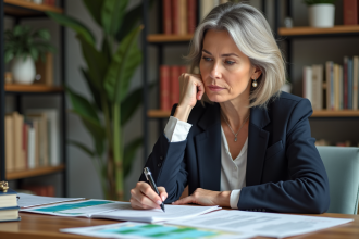 Femme d'âge moyen en blazer dans un bureau organisé