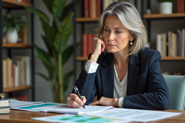 Femme d'âge moyen en blazer dans un bureau organisé