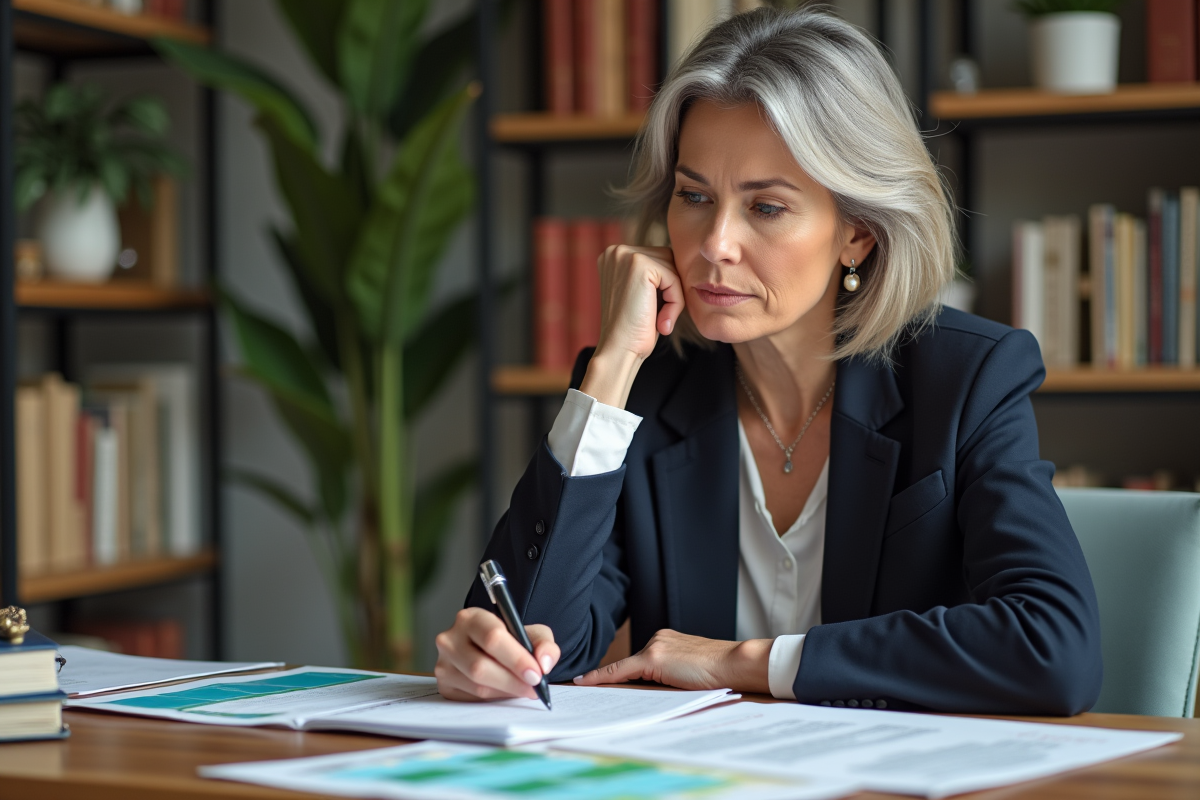 Femme d'âge moyen en blazer dans un bureau organisé
