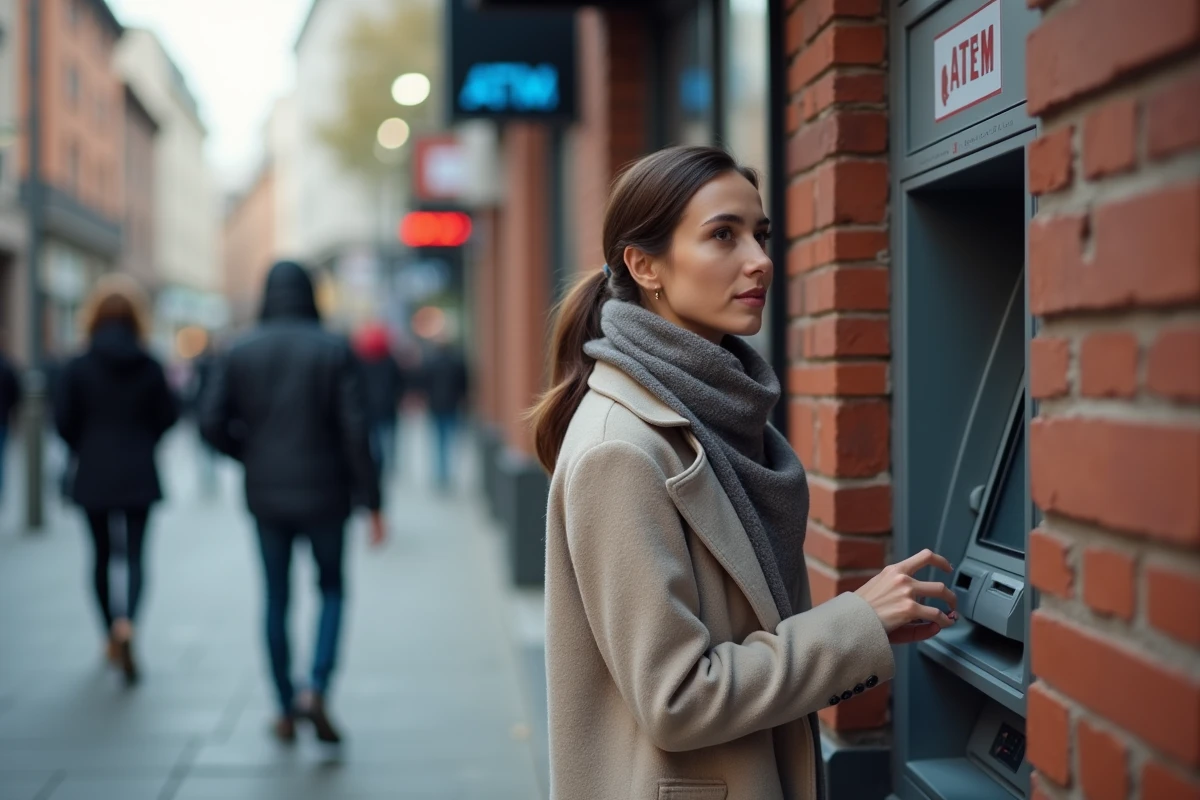 Femme retirant de l'argent à un distributeur en ville