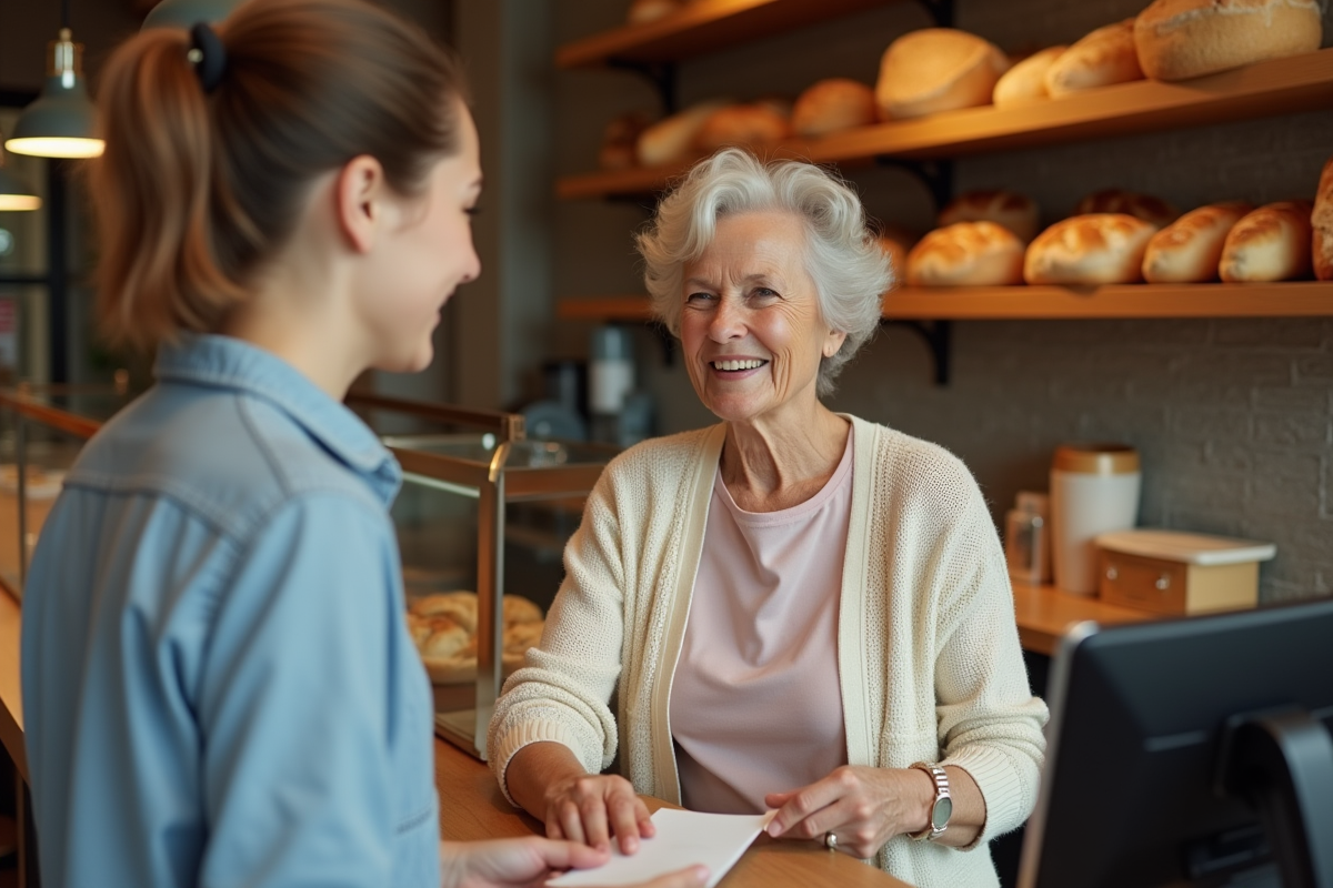 Femme âgée servant un client dans une boulangerie chaleureuse