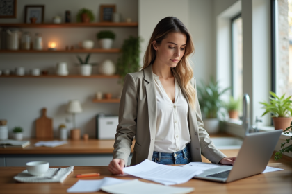 Femme confiante en bureau cuisine moderne