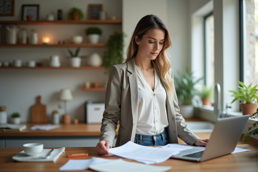 Femme confiante en bureau cuisine moderne
