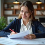 Jeune femme lisant des documents au bureau