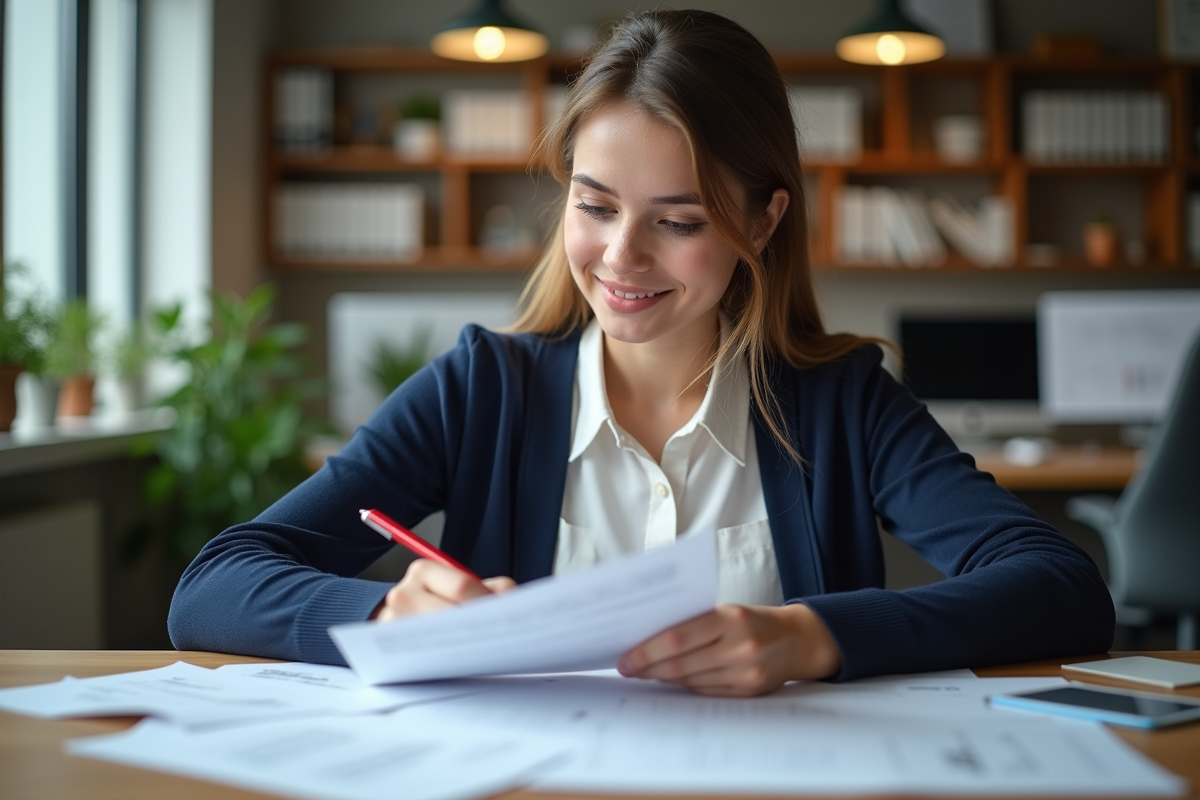 Jeune femme lisant des documents au bureau