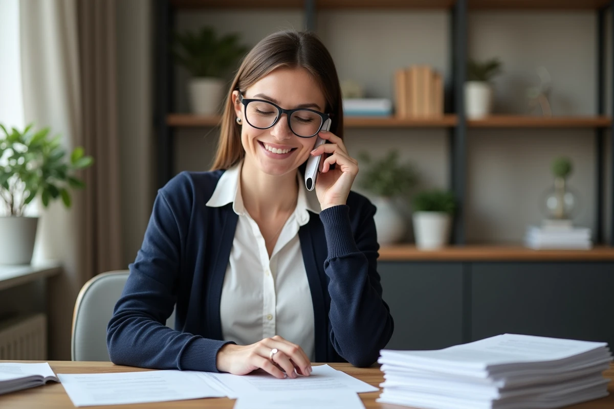 Femme souriante au bureau avec documents et smartphone