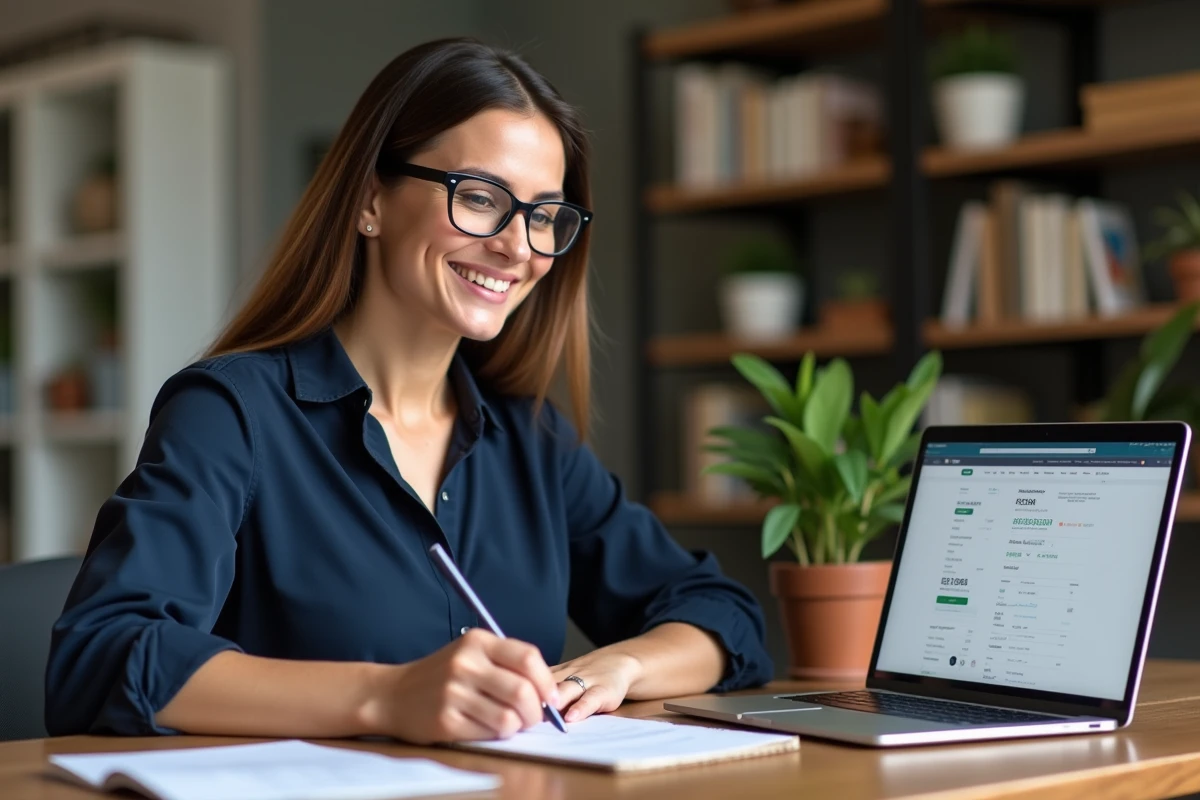 Femme souriante dans un bureau organisé avec ordinateur et livres