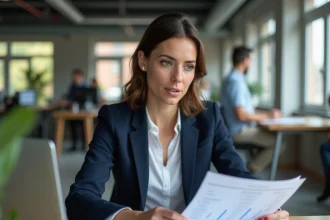 Femme cadre analysant sa fiche de salaire et son revenu net mensuel dans un bureau moderne en 2026