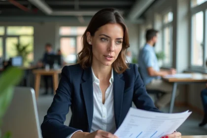 Femme cadre analysant sa fiche de salaire et son revenu net mensuel dans un bureau moderne en 2026