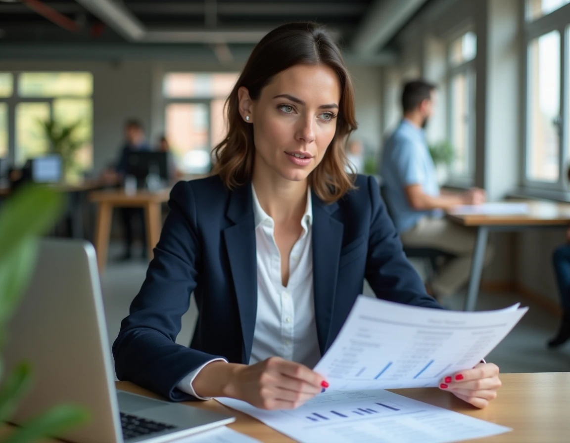 Femme cadre analysant sa fiche de salaire et son revenu net mensuel dans un bureau moderne en 2026
