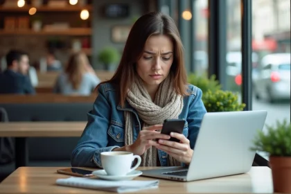 Jeune femme au café consulte ses finances avec frustration
