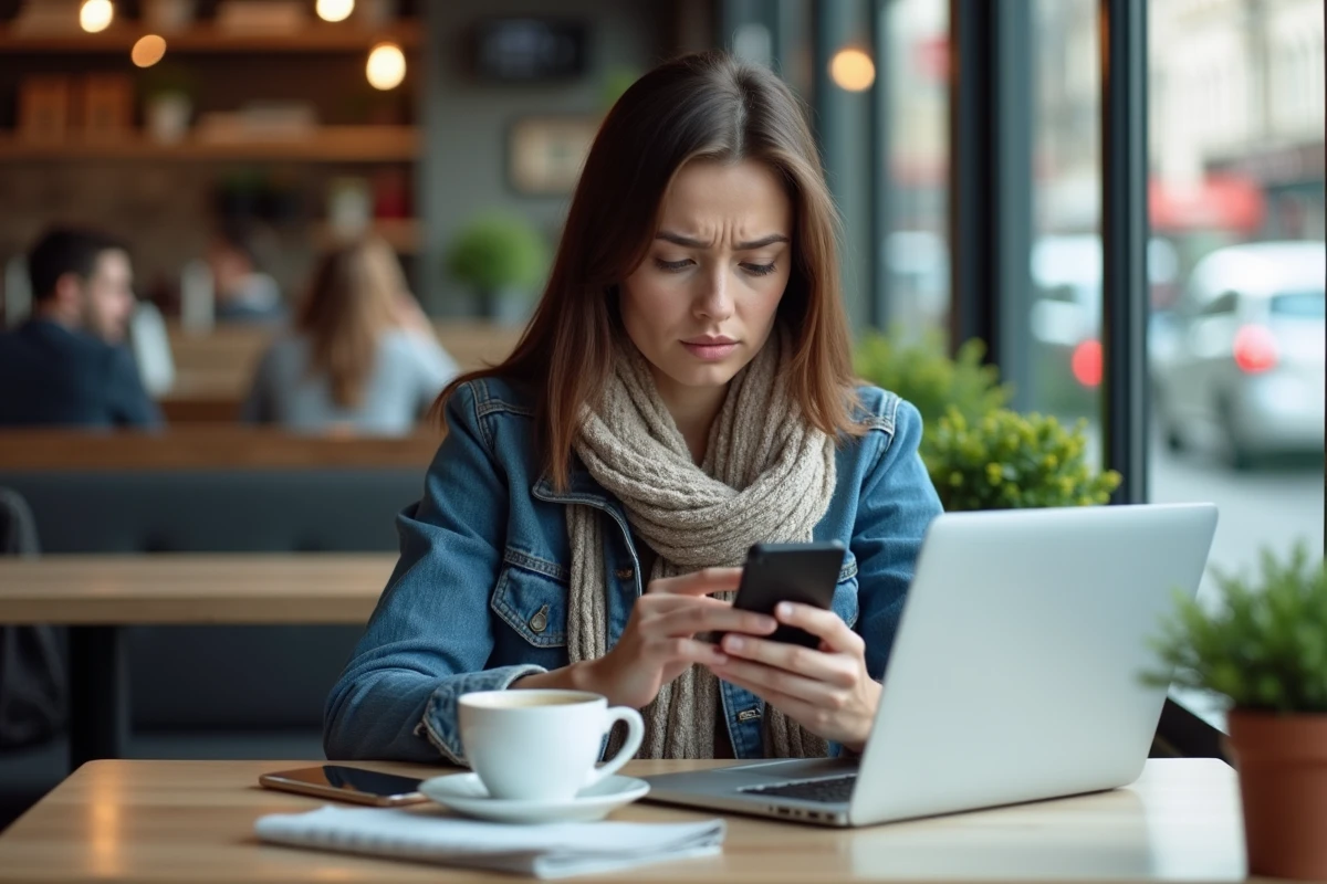 Jeune femme au café consulte ses finances avec frustration