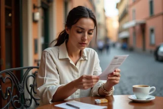 Femme en terrasse de café à Rome consultant un reçu avec un paquet de cigarettes italiennes sur la table