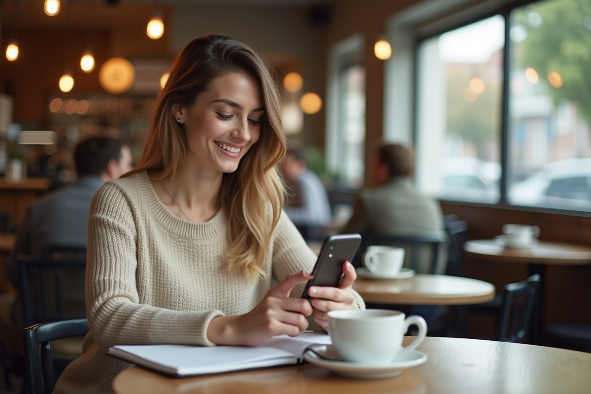 Jeune femme au café utilisant son smartphone et carnet