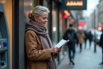 Femme vérifiant sa liste devant un distributeur automatique en ville