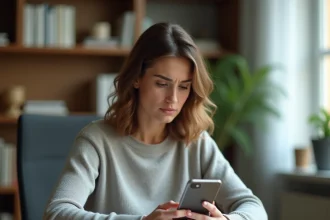 Femme consultant son application Lydia sur smartphone avec un message de compte bloqué, assise à un bureau en bois dans un bureau à domicile moderne