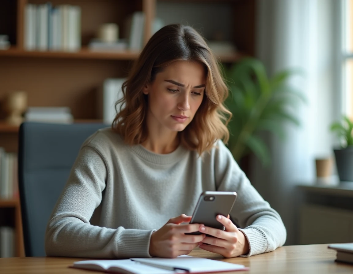 Femme consultant son application Lydia sur smartphone avec un message de compte bloqué, assise à un bureau en bois dans un bureau à domicile moderne