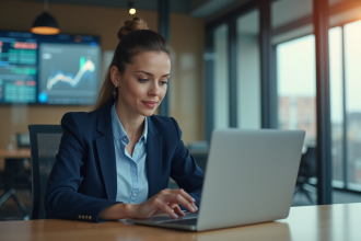 Femme confiante utilisant une plateforme digitale en bureau