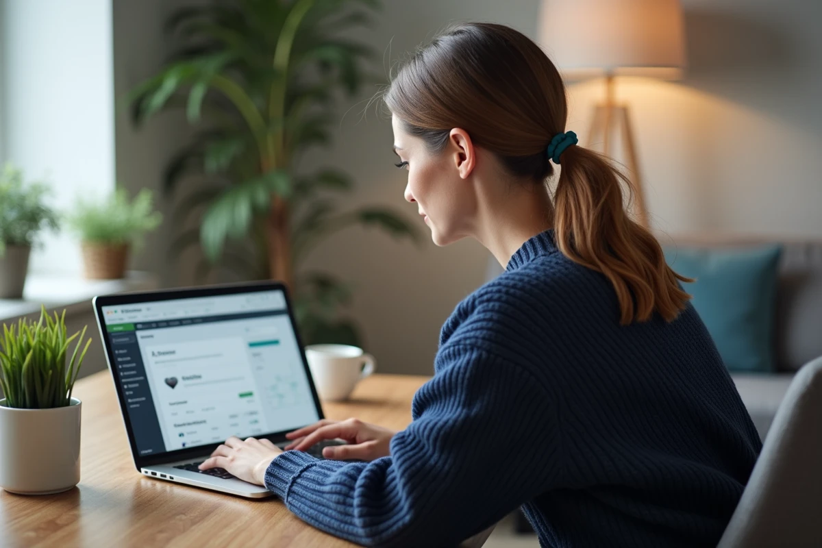Femme consultant son compte en ligne Caisse d'Epargne sur un ordinateur portable dans un bureau à domicile