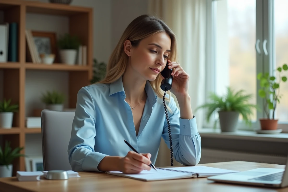 Femme contacting le Cesu Urssaf par téléphone depuis son bureau à domicile avec un bloc-notes