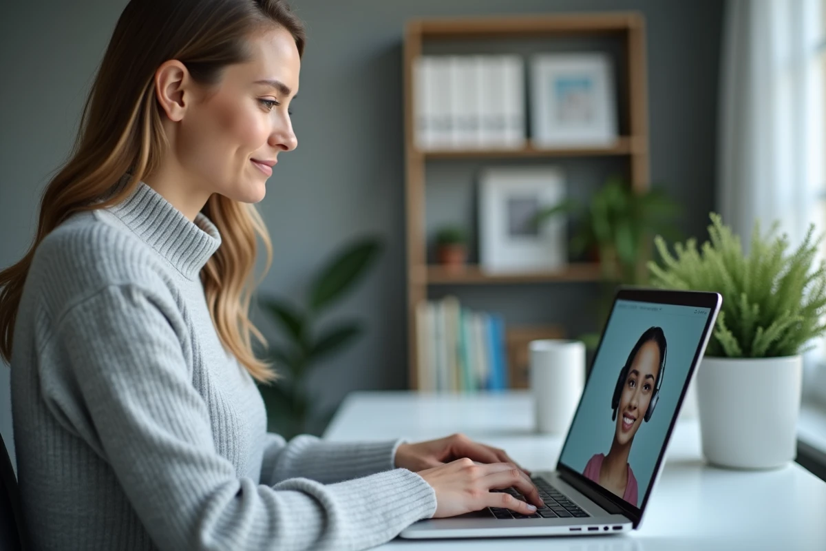 Femme de 40 ans utilisant un ordinateur portable pour contacter un service client en ligne depuis son bureau à domicile