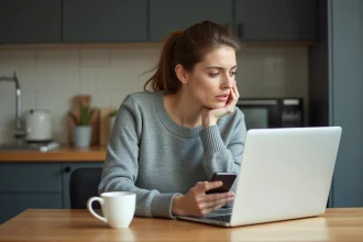 Femme stressée dans la cuisine moderne avec ordinateur et téléphone