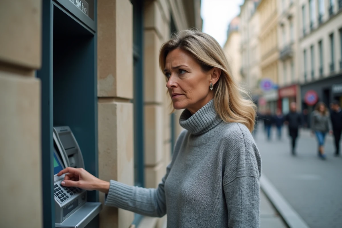 Femme devant un distributeur automatique de la Banque Postale avec une expression perplexe lors d'un retrait bloqué
