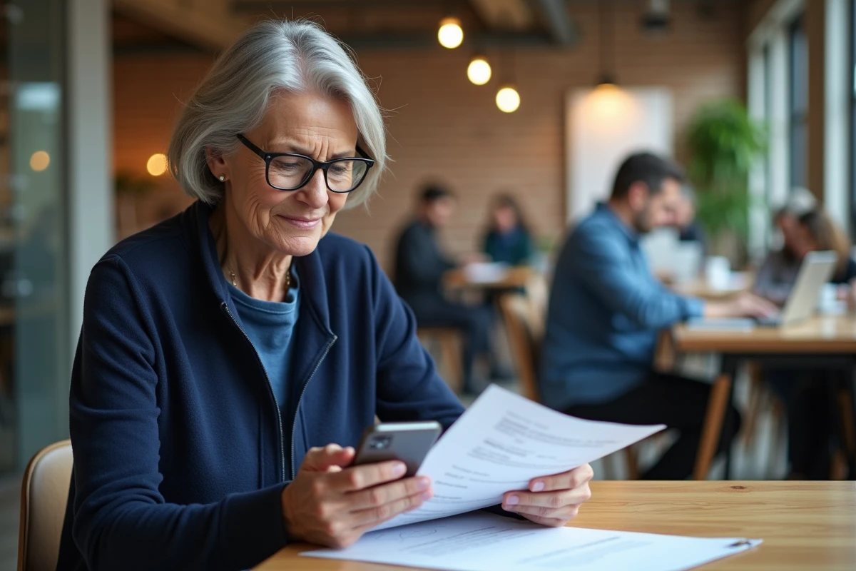Femme comparant un document papier et son smartphone pour choisir comment contacter le Cesu Urssaf