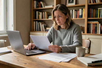 Femme consultant des documents sur son allocation chômage après une rupture conventionnelle à domicile