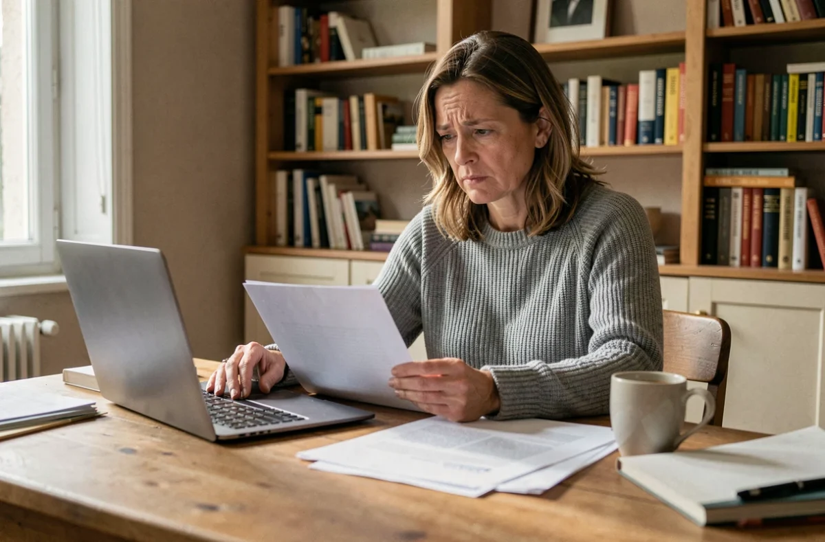 Femme consultant des documents sur son allocation chômage après une rupture conventionnelle à domicile