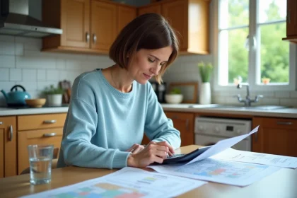Femme étudie des documents et plan de propriété