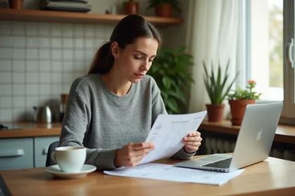 Femme consultant sa fiche de paie à 1800 euros bruts dans une cuisine française moderne