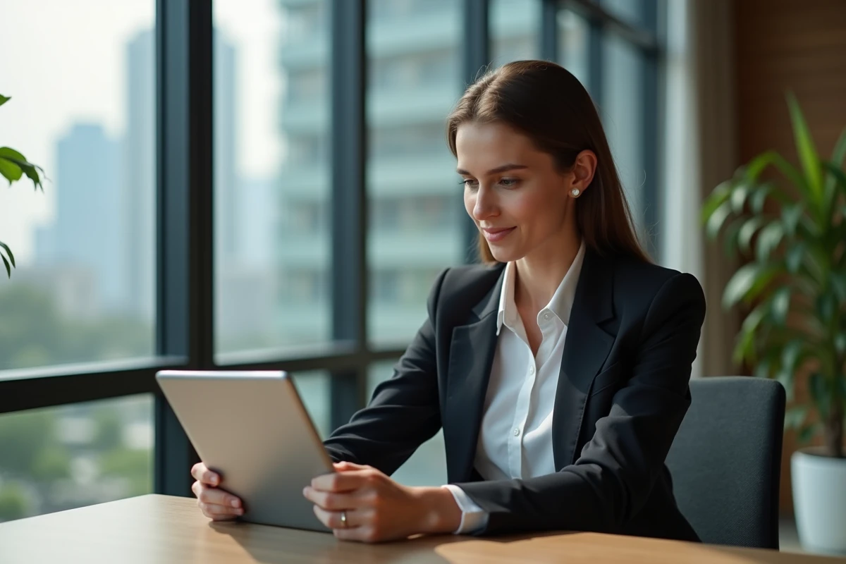 Jeune femme d'affaires utilisant une tablette dans un bureau moderne