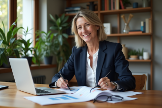 Femme d'âge moyen souriante à la maison avec documents financiers