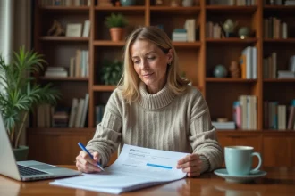 Femme d'âge moyen lisant un document 401k dans un bureau chaleureux