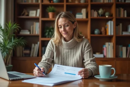 Femme d'âge moyen lisant un document 401k dans un bureau chaleureux