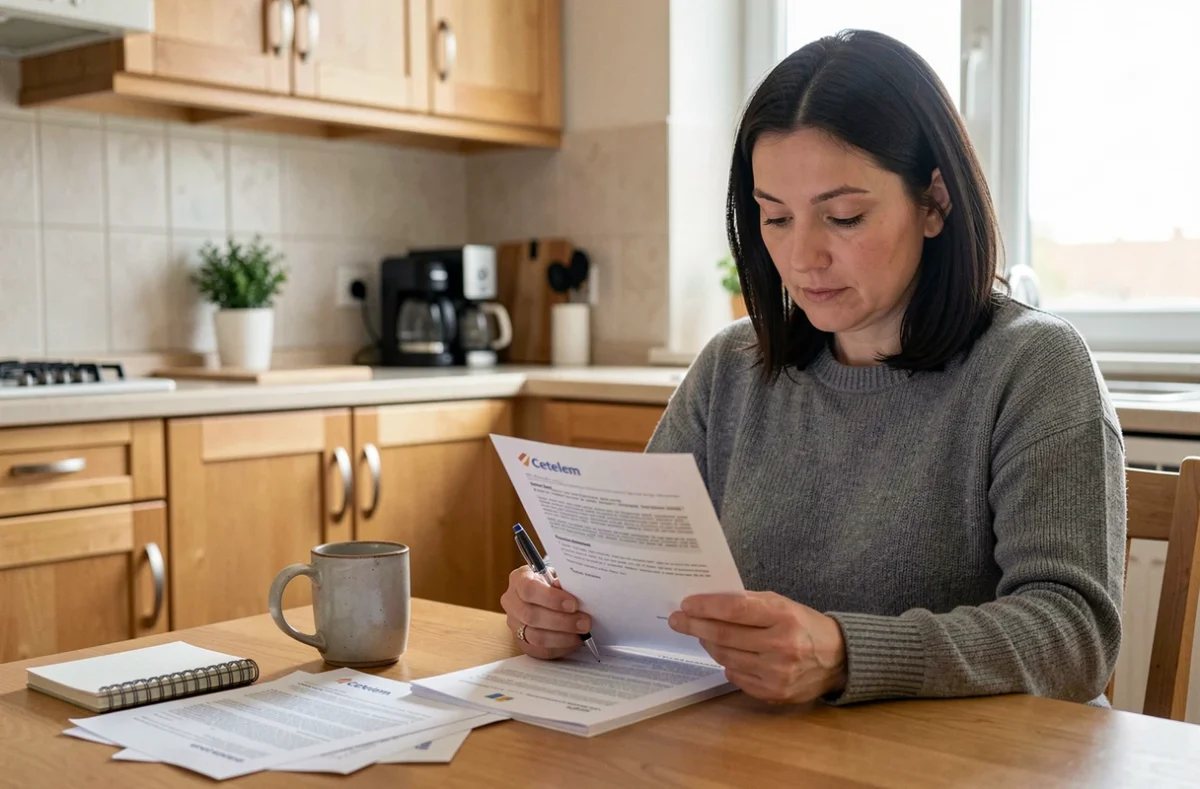 Femme lisant un contrat de crédit renouvelable Cetelem avant de procéder à sa résiliation par téléphone